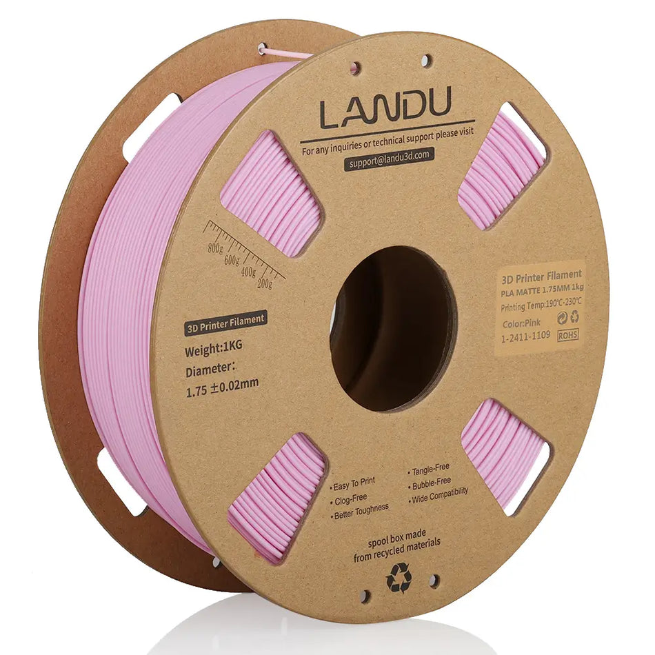 LANDU Matte Pink PLA 3D printer filament 1kg spool ensuring smooth extrusion with a beautiful pastel color profile.