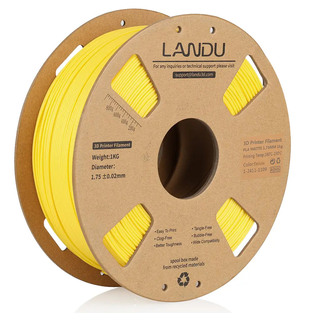 LANDU Matte Yellow PLA 3D printer filament 1kg spool on a recycled cardboard roll for consistent and visually pleasing prints.