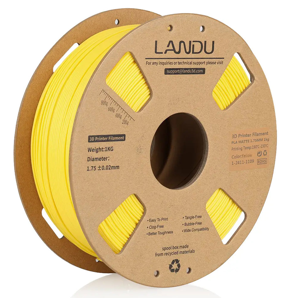 LANDU Matte Yellow PLA 3D printer filament 1kg spool on a recycled cardboard roll for consistent and visually pleasing prints.