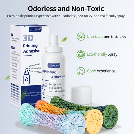 LANDU odorless and non-toxic 3D printing adhesive spray, offering an eco-friendly and safe printing experience for makers.