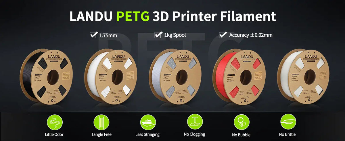 Multiple colors of LANDU PETG 3D printer filament 1kg spools highlighting 1.75mm diameter and high precision.