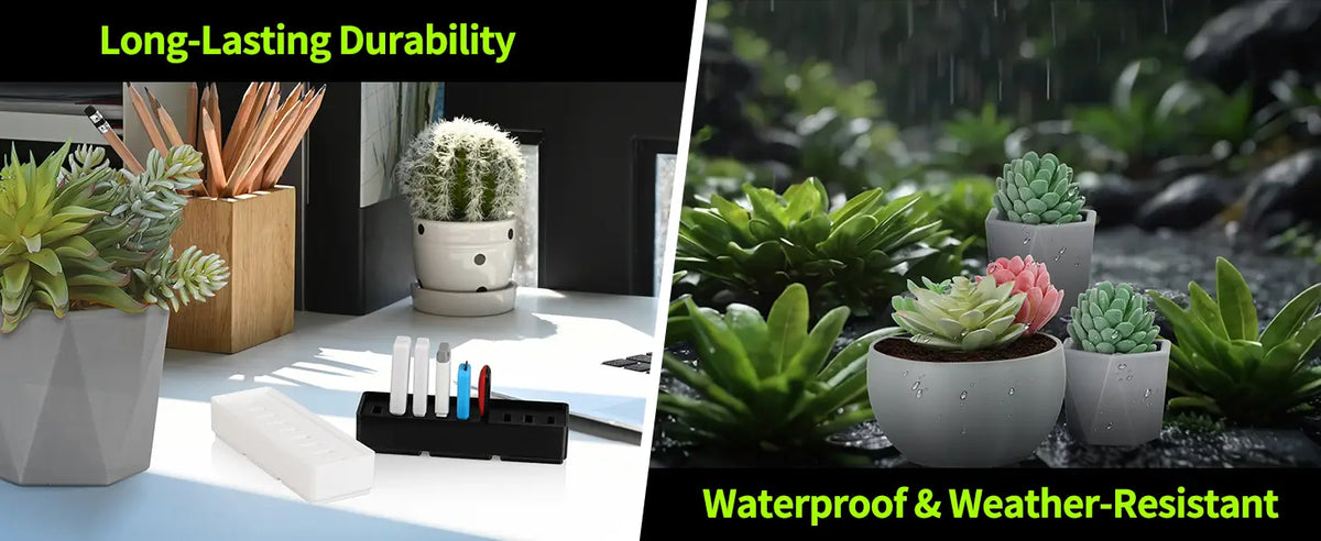 3D printed desk organizers and outdoor planters demonstrating the waterproof and weather resistant durability of LANDU PETG filament.