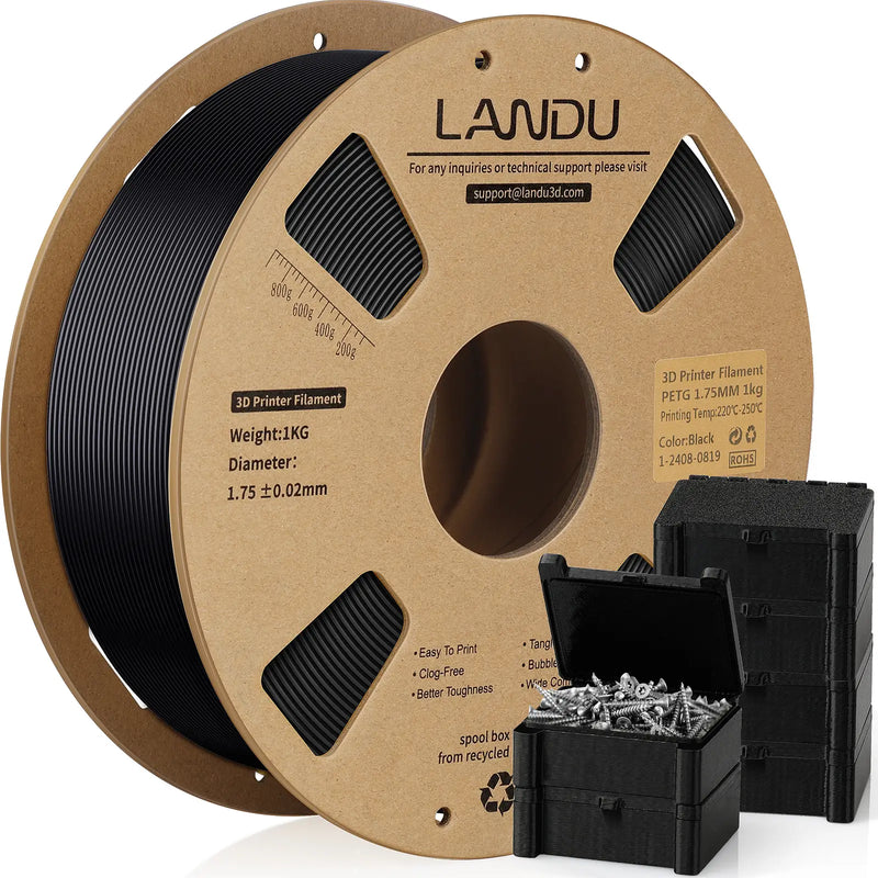 LANDU Black PETG 3D printer filament 1kg spool displayed with functional 3D printed storage boxes holding metal screws.