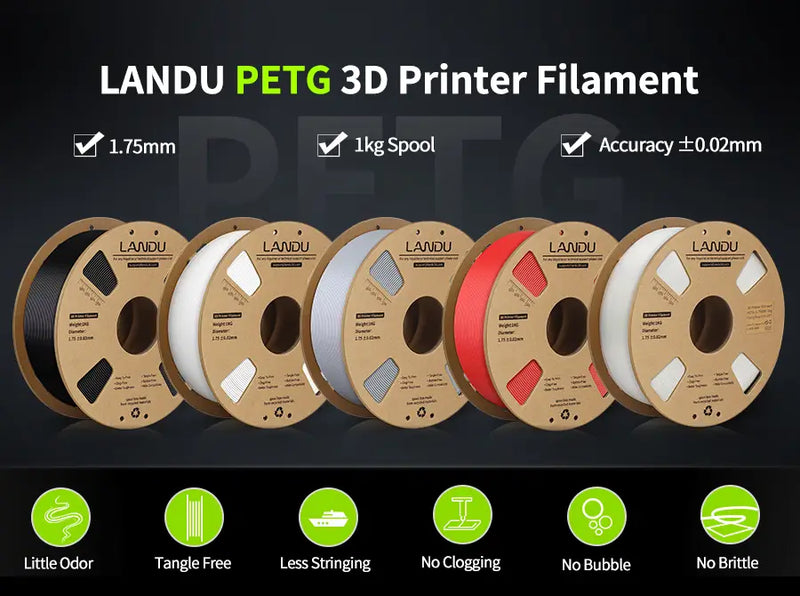 Multiple colors of LANDU PETG 3D printer filament 1kg spools highlighting 1.75mm diameter and high precision.