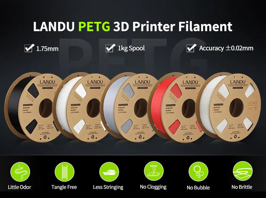 Multiple colors of LANDU PETG 3D printer filament 1kg spools highlighting 1.75mm diameter and high precision.