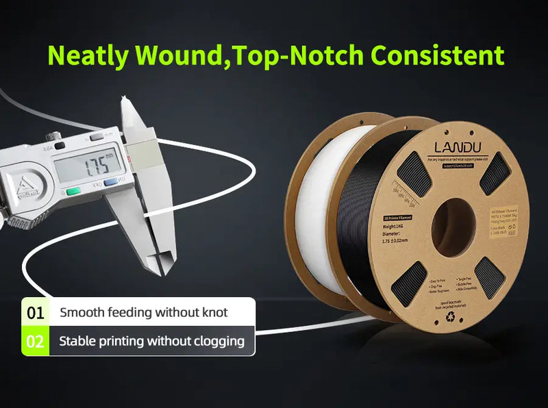 Digital caliper measuring LANDU PETG filament to ensure 1.75mm consistency next to a neatly wound spool.