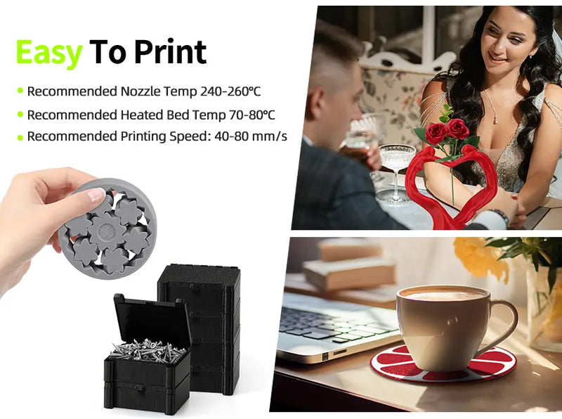 Suggested printing settings for LANDU PETG filament alongside various successful 3D prints like gears and storage boxes.