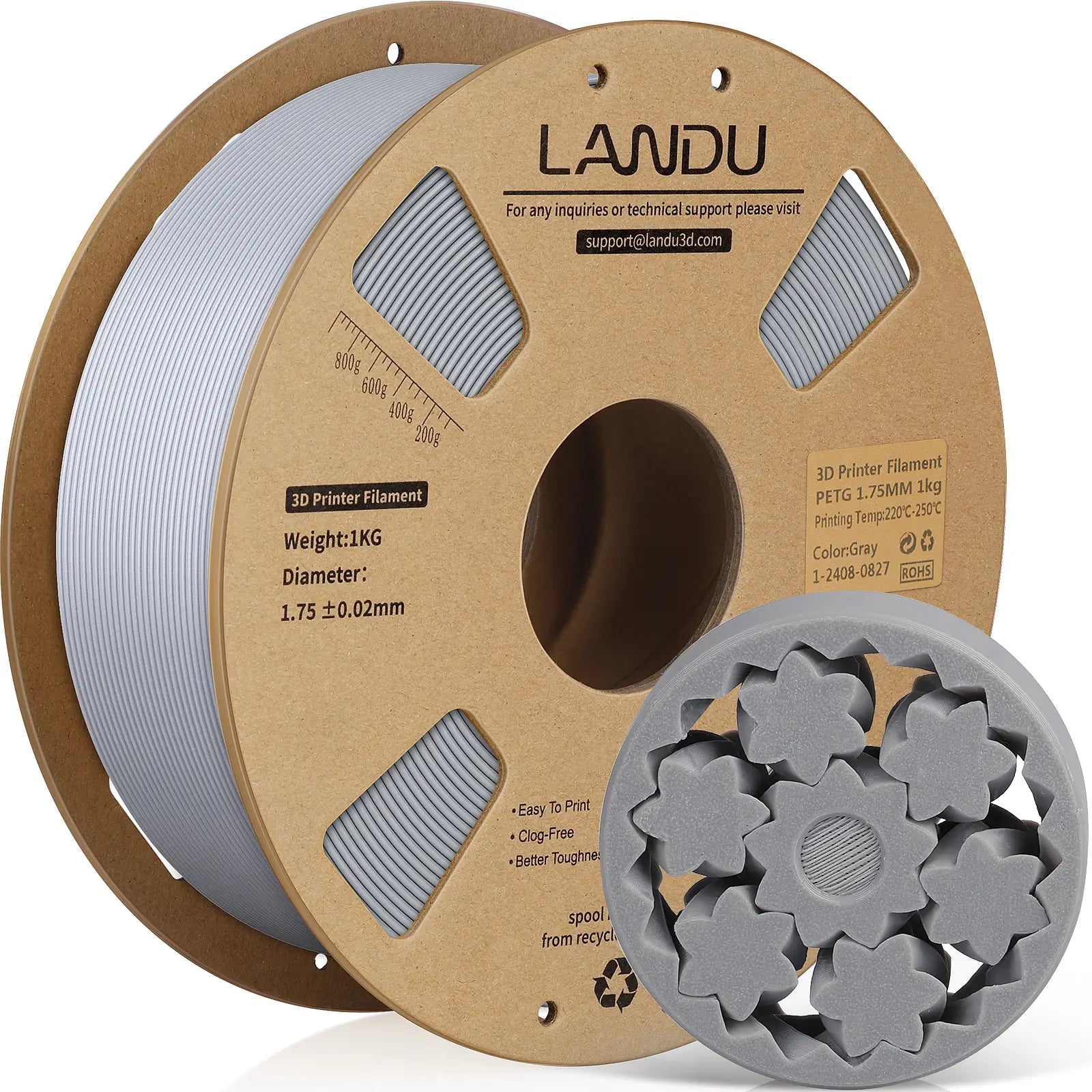 LANDU Gray PETG 3D printer filament 1kg spool displayed with a functional 3D printed planetary gear mechanism.