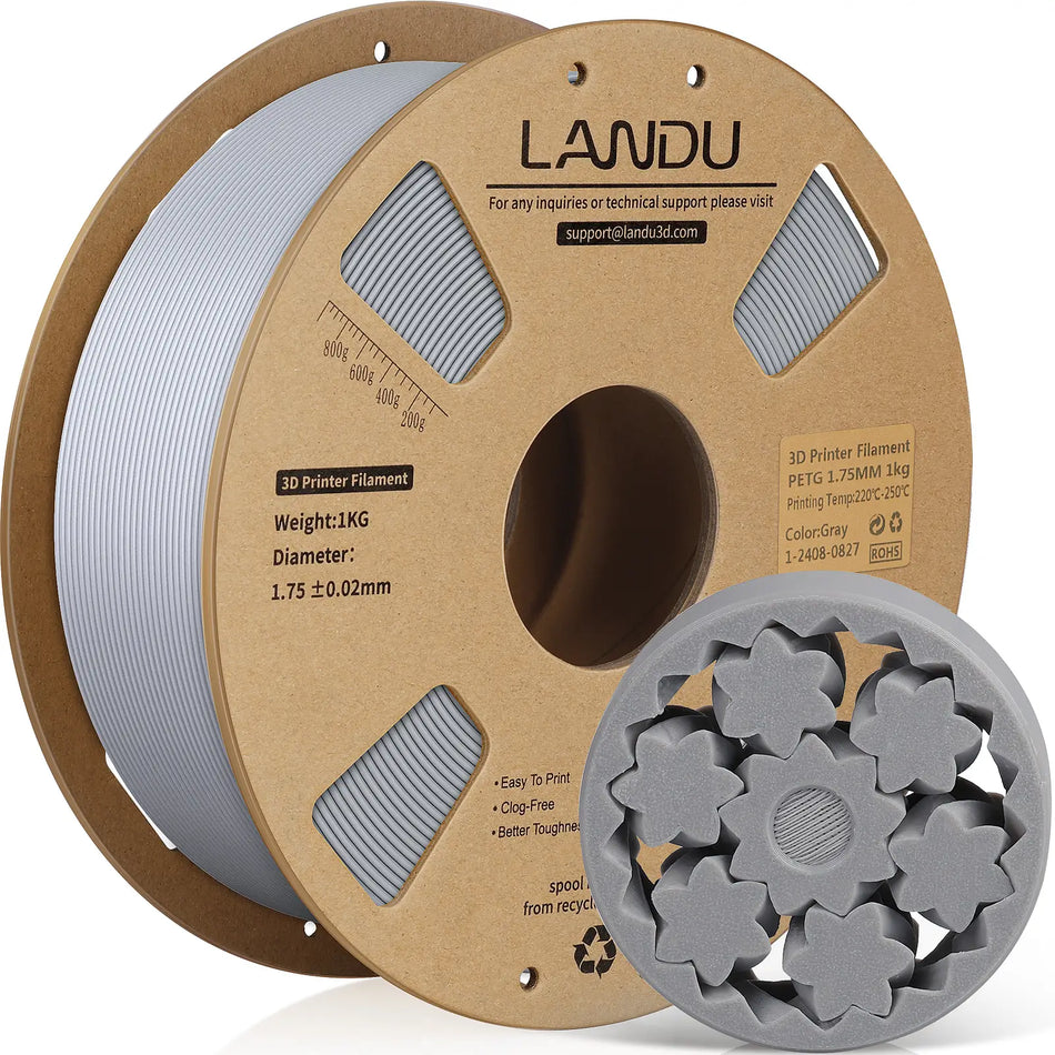 LANDU Gray PETG 3D printer filament 1kg spool displayed with a functional 3D printed planetary gear mechanism.