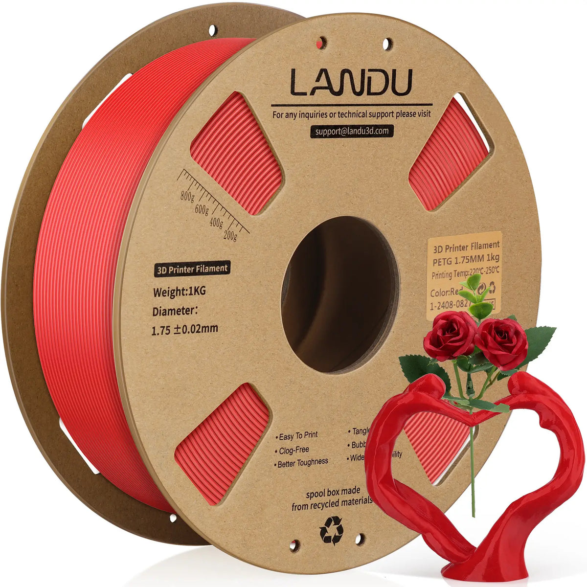 LANDU Red PETG 3D printer filament 1kg spool alongside a decorative 3D printed red interlocking heart sculpture.