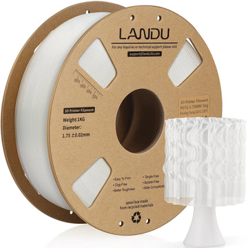 LANDU Transparent PETG 3D printer filament 1kg spool showcasing excellent light transmission with a 3D printed translucent lamp shade.