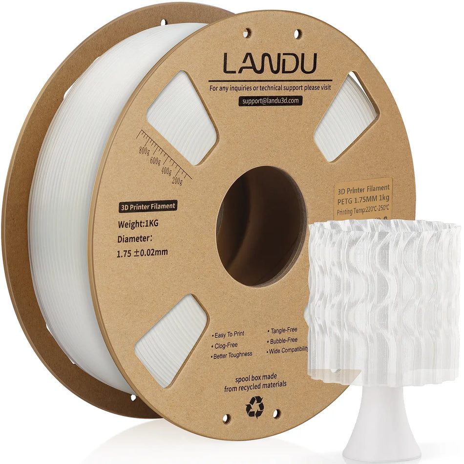 LANDU Transparent PETG 3D printer filament 1kg spool showcasing excellent light transmission with a 3D printed translucent lamp shade.