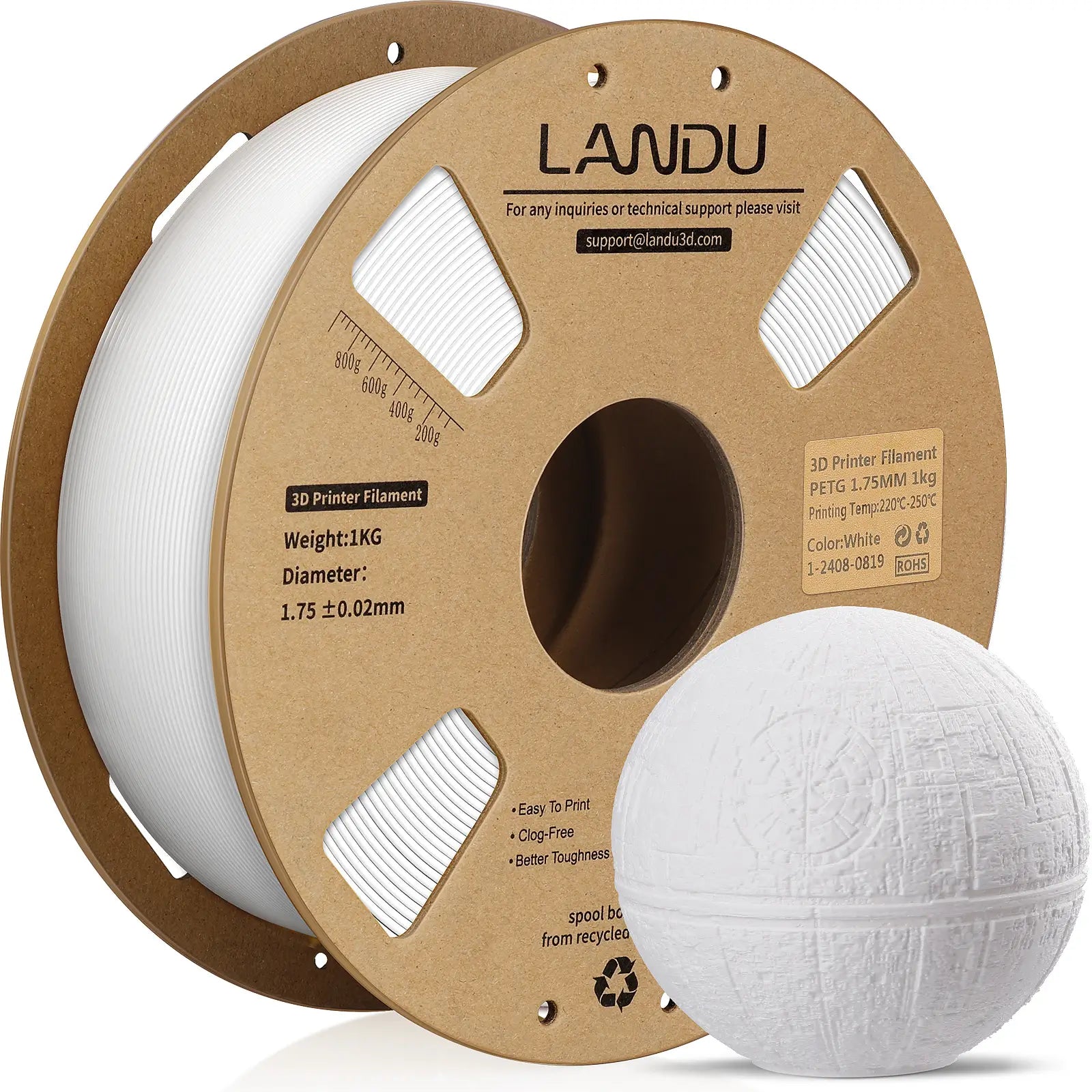 LANDU White PETG 3D printer filament 1kg spool featured next to a highly detailed 3D printed white spherical base model.