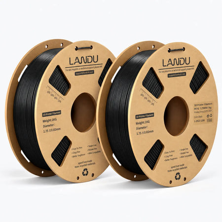 LANDU Black PETG 3D printer filament 2kg spool displayed with functional 3D printed storage boxes holding metal screws.