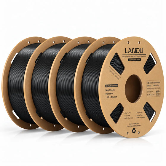 LANDU Black PETG 3D printer filament 4kg spool displayed with functional 3D printed storage boxes holding metal screws.