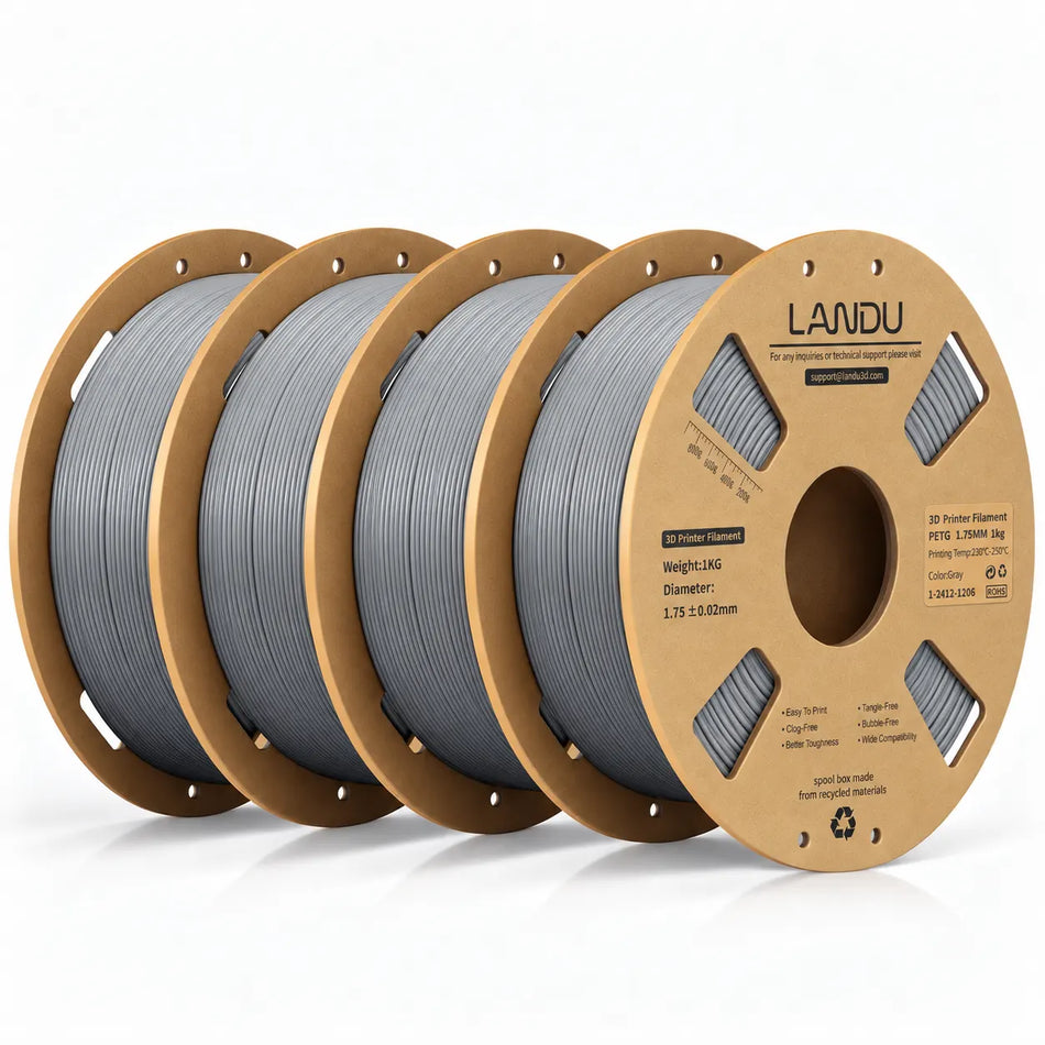 LANDU Gray PETG 3D printer filament 4kg spool displayed with a functional 3D printed planetary gear mechanism.