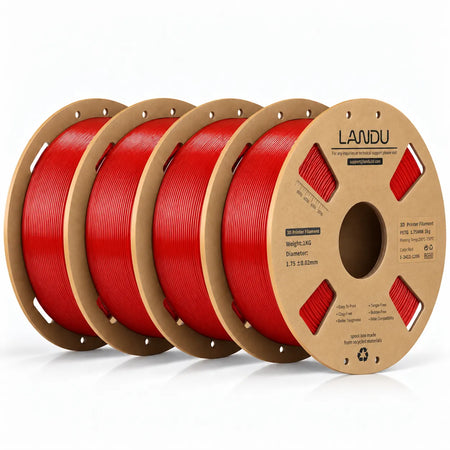 LANDU Red PETG 3D printer filament 4kg spool alongside a decorative 3D printed red interlocking heart sculpture.