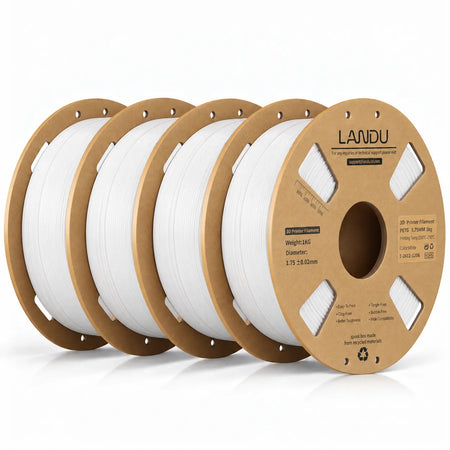 LANDU White PETG 3D printer filament 4kg spool featured next to a highly detailed 3D printed white spherical base model.
