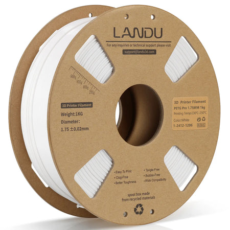 LANDU White PETG Pro 3D printer filament 1.75mm 1kg on an eco-friendly cardboard spool, engineered for high-strength professional FDM printing.