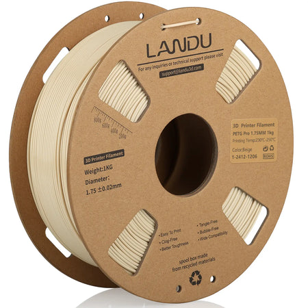 LANDU Beige PETG Pro 3D printer filament 1.75mm 1kg on an eco-friendly cardboard spool, providing enhanced durability and strong layer adhesion.