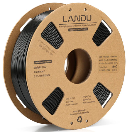 LANDU Black PETG Pro 3D printer filament 1.75mm 1kg on an eco-friendly cardboard spool, optimized for impact-resistant engineering parts.