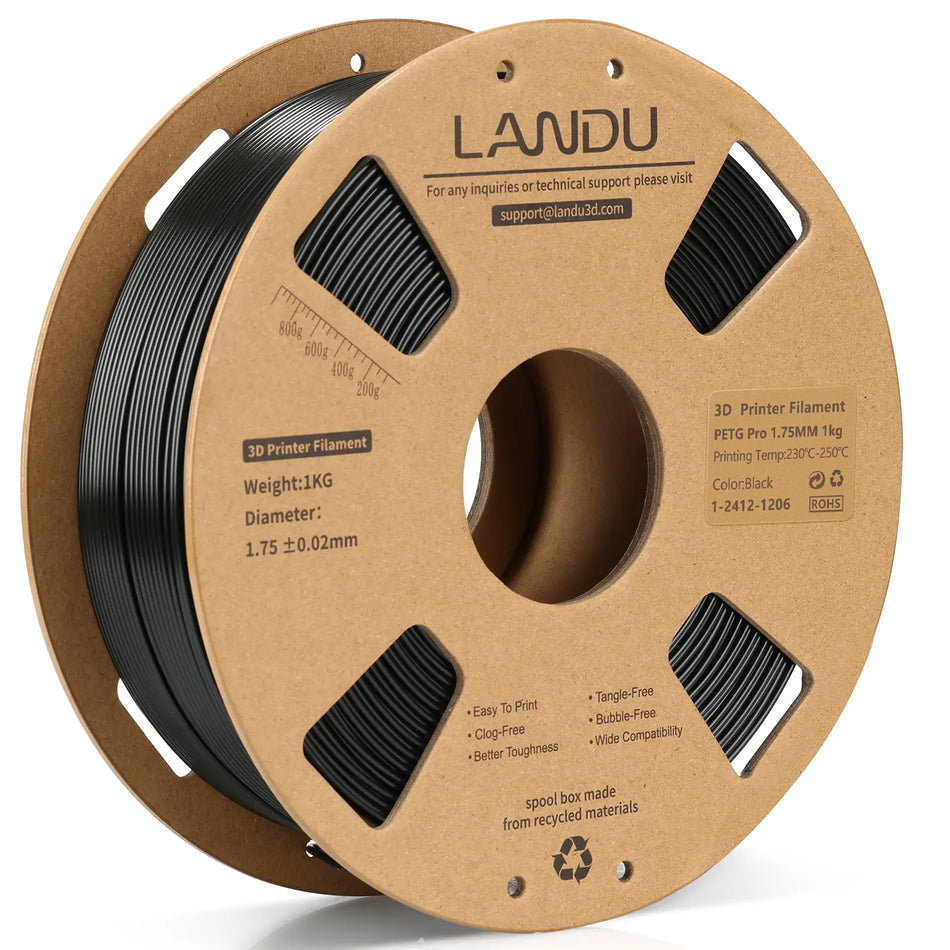 LANDU Black PETG Pro 3D printer filament 1.75mm 1kg on an eco-friendly cardboard spool, optimized for impact-resistant engineering parts.
