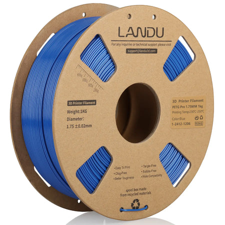 LANDU Blue PETG Pro 3D printer filament 1.75mm 1kg on an eco-friendly cardboard spool, ideal for creating tough and weather-resistant models.