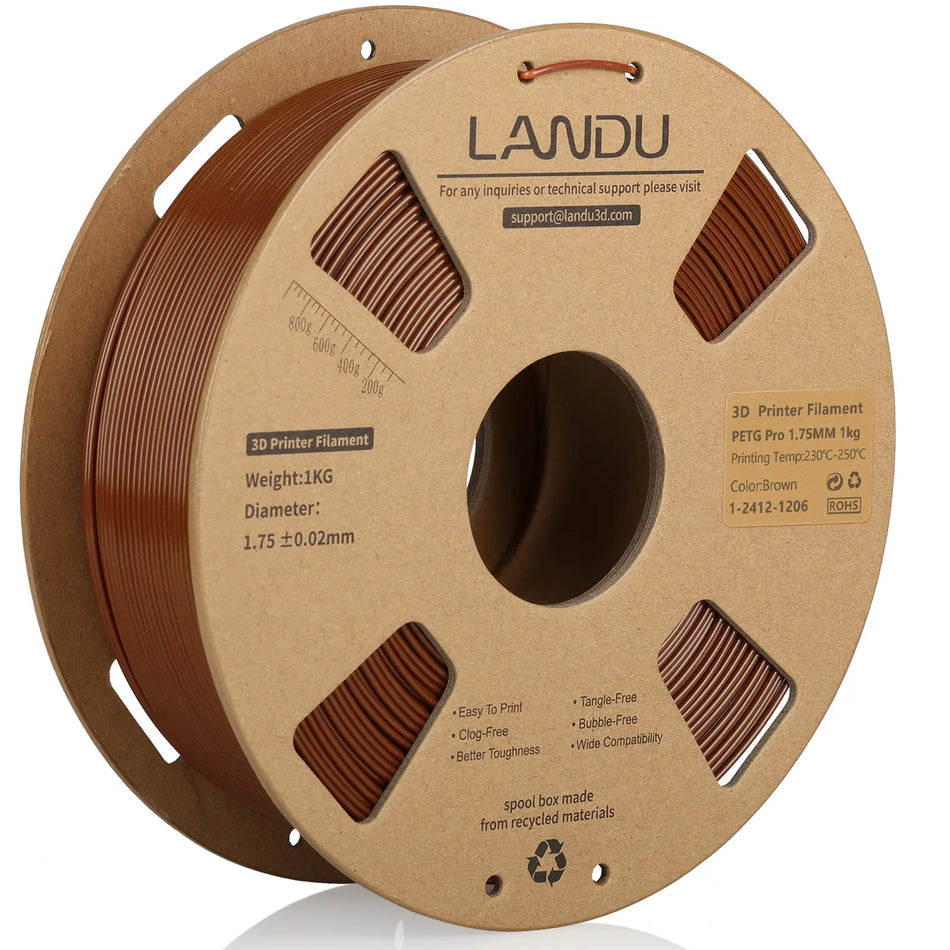LANDU Brown PETG Pro 3D printer filament 1.75mm 1kg on an eco-friendly cardboard spool, offering stable extrusion for functional 3D prints.