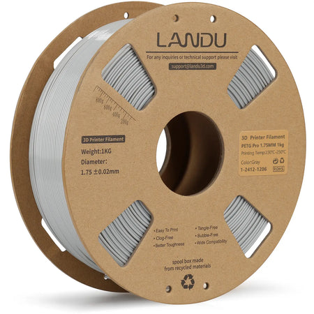 LANDU Gray PETG Pro 3D printer filament 1.75mm 1kg on an eco-friendly cardboard spool, perfect for reliable, industrial-grade FDM printing.