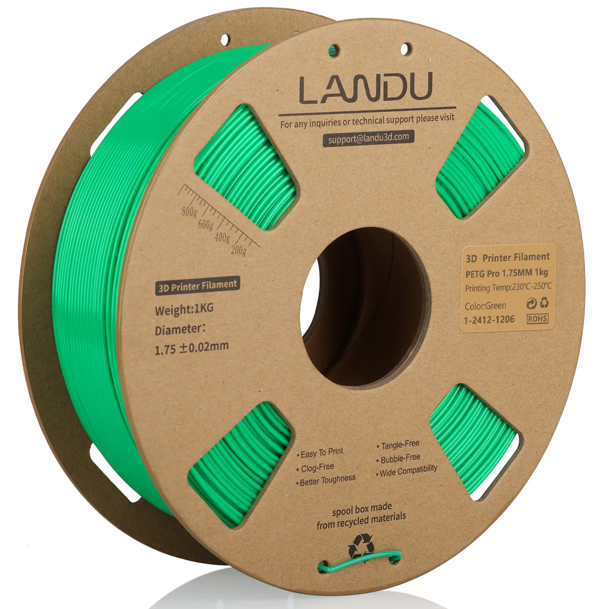 LANDU Green PETG Pro 3D printer filament 1.75mm 1kg on an eco-friendly cardboard spool, delivering high toughness and excellent print quality.
