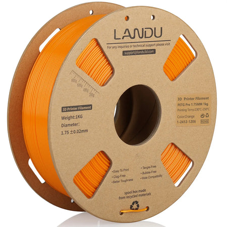 LANDU Orange PETG Pro 3D printer filament 1.75mm 1kg on an eco-friendly cardboard spool, formulated for durable mechanical components.