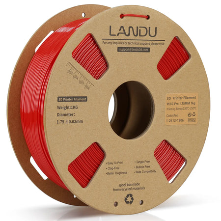 LANDU Red PETG Pro 3D printer filament 1.75mm 1kg on an eco-friendly cardboard spool, designed for resilient and high-performance 3D printing projects.