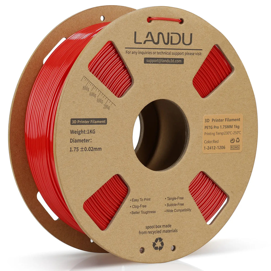 LANDU Red PETG Pro 3D printer filament 1.75mm 1kg on an eco-friendly cardboard spool, designed for resilient and high-performance 3D printing projects.