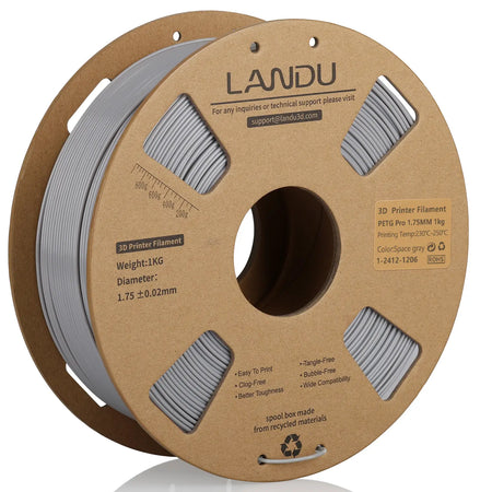 LANDU Space Gray PETG Pro 3D printer filament 1.75mm 1kg on an eco-friendly cardboard spool, ensuring precise and warp-resistant professional prints.