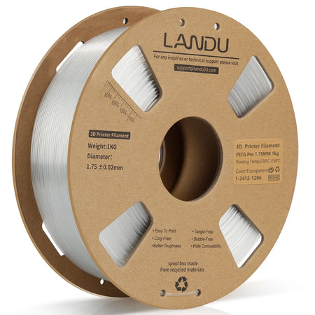 LANDU Transparent PETG Pro 3D printer filament 1.75mm 1kg on an eco-friendly cardboard spool, ideal for printing high-clarity and weather-resistant functional parts.
