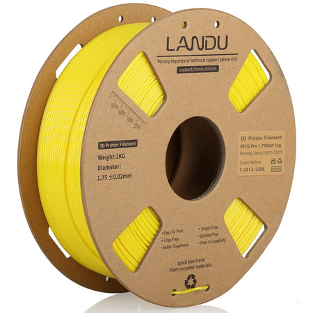 LANDU Yellow PETG Pro 3D printer filament 1.75mm 1kg on an eco-friendly cardboard spool, offering high visibility and robust layer adhesion for demanding FDM prints.