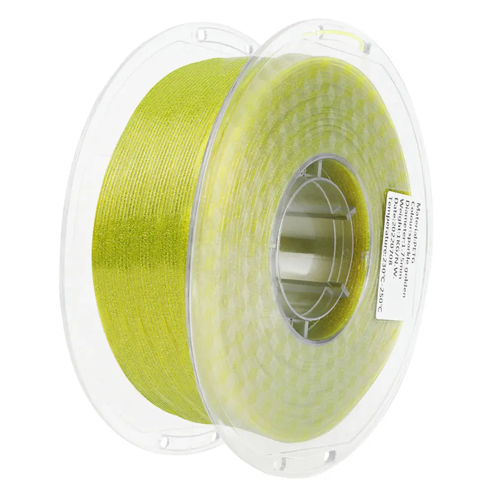 LANDU Sparkling Golden PETG 3D printer filament 1kg transparent spool displaying a brilliant glittering texture.