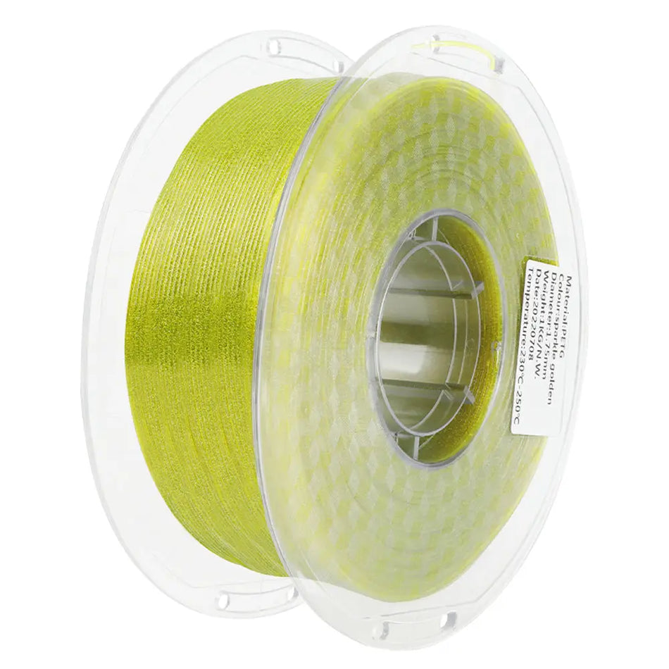 LANDU Sparkling Golden PETG 3D printer filament 1kg transparent spool displaying a brilliant glittering texture.
