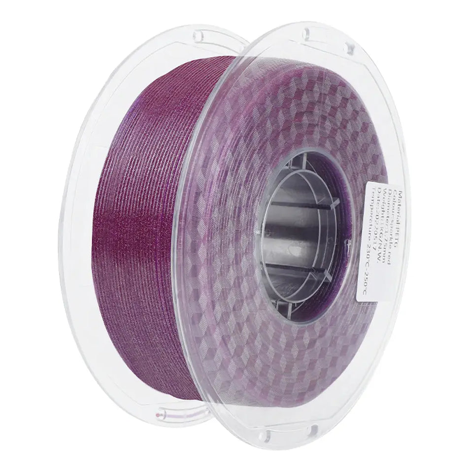 LANDU Sparkling Red PETG 3D printer filament 1kg transparent spool featuring a vibrant ruby-like glittering finish.