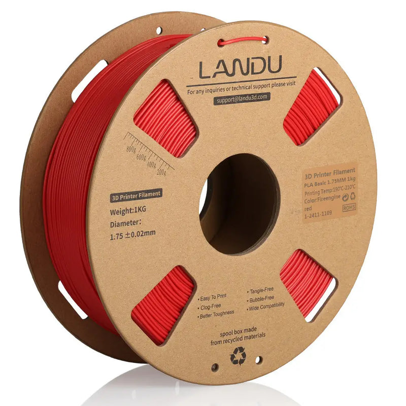 LANDU Fire Engine Red PLA Basic 3D printer filament 1kg spool featuring neat winding and an eco-friendly cardboard roll.