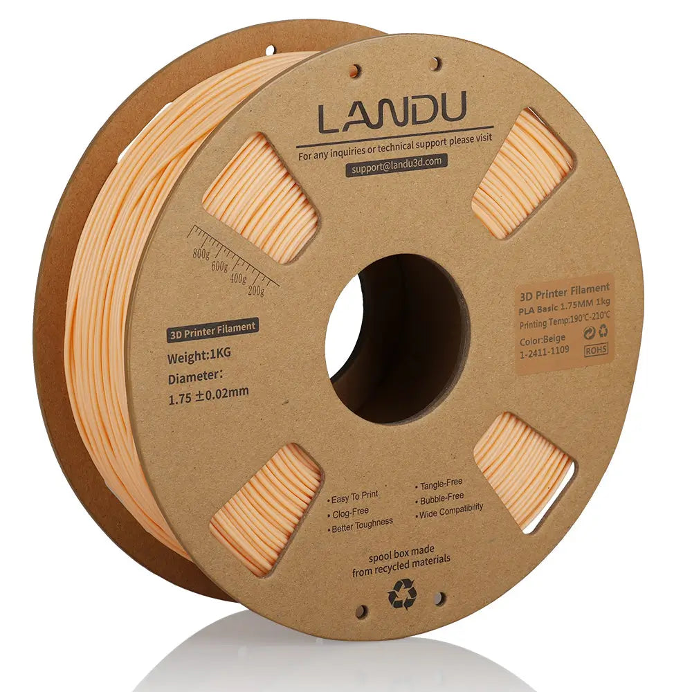 LANDU Beige PLA Basic 3D printer filament 1kg spool demonstrating smooth texture and bubble-free quality.