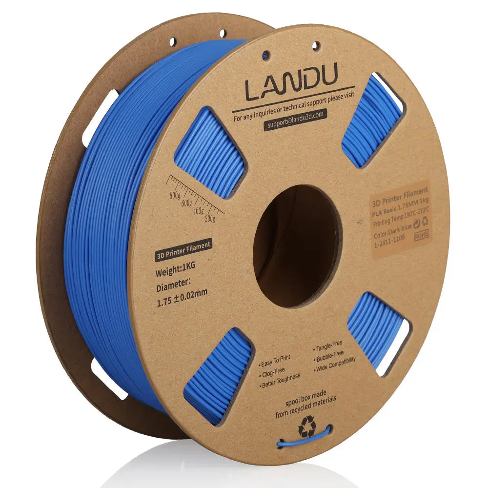 LANDU Dark Blue PLA Basic 3D printer filament 1kg spool on a recycled cardboard roll for reliable FDM printing.