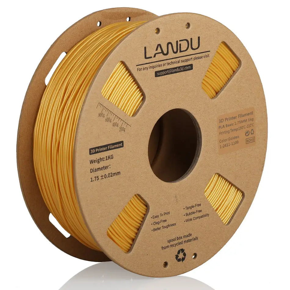LANDU Golden PLA Basic 3D printer filament 1kg spool highlighting consistent color and tangle-free winding.