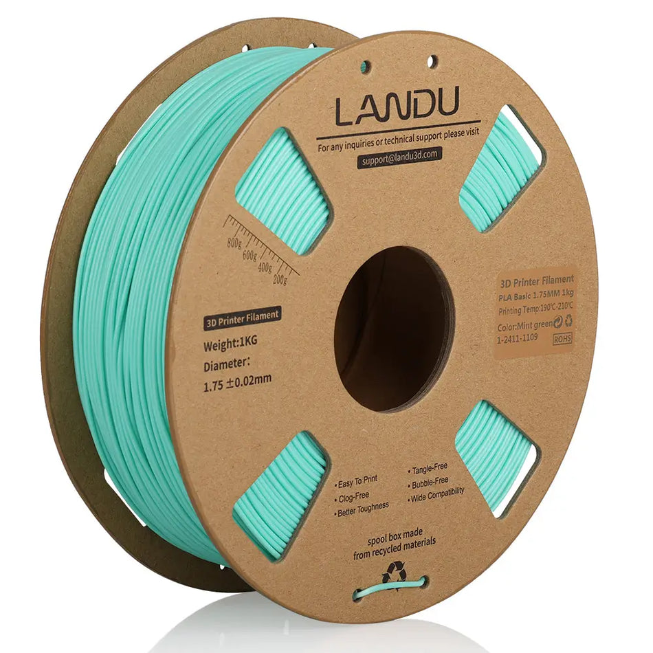LANDU Mint Green PLA Basic 3D printer filament 1kg spool offering a vibrant pastel color for creative 3D printing projects.