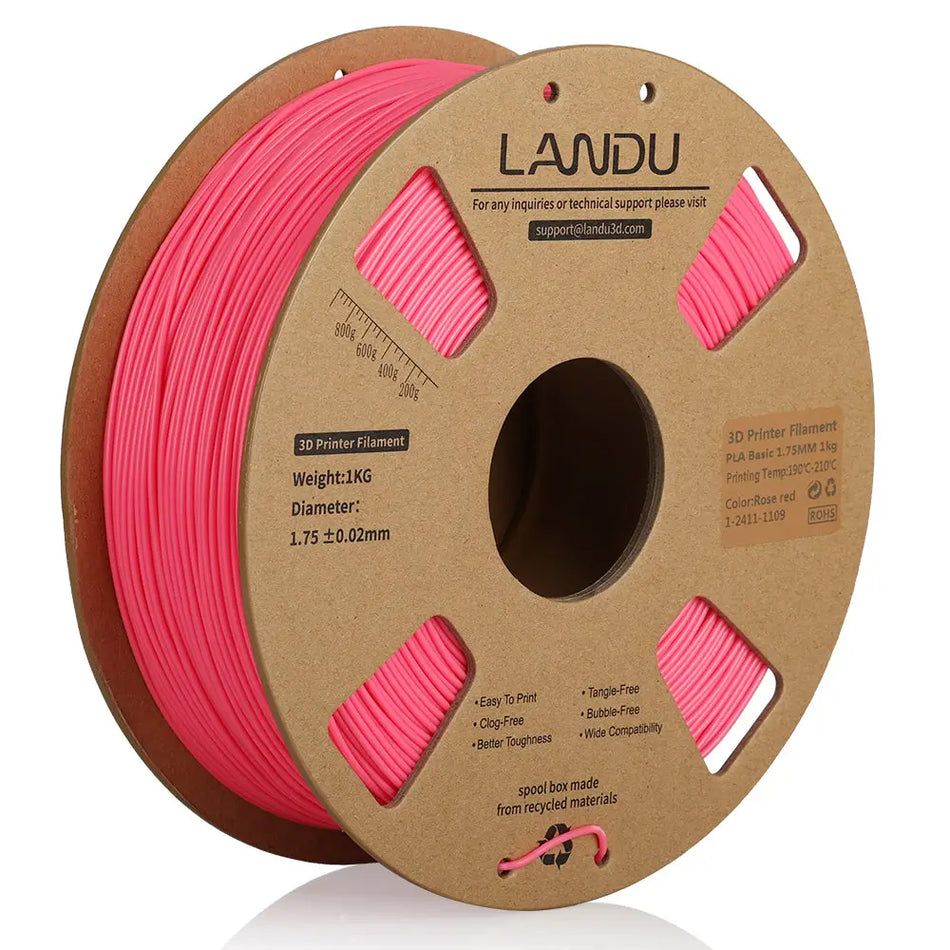 LANDU Rose Red PLA Basic 3D printer filament 1kg spool showcasing high color accuracy and wide compatibility.