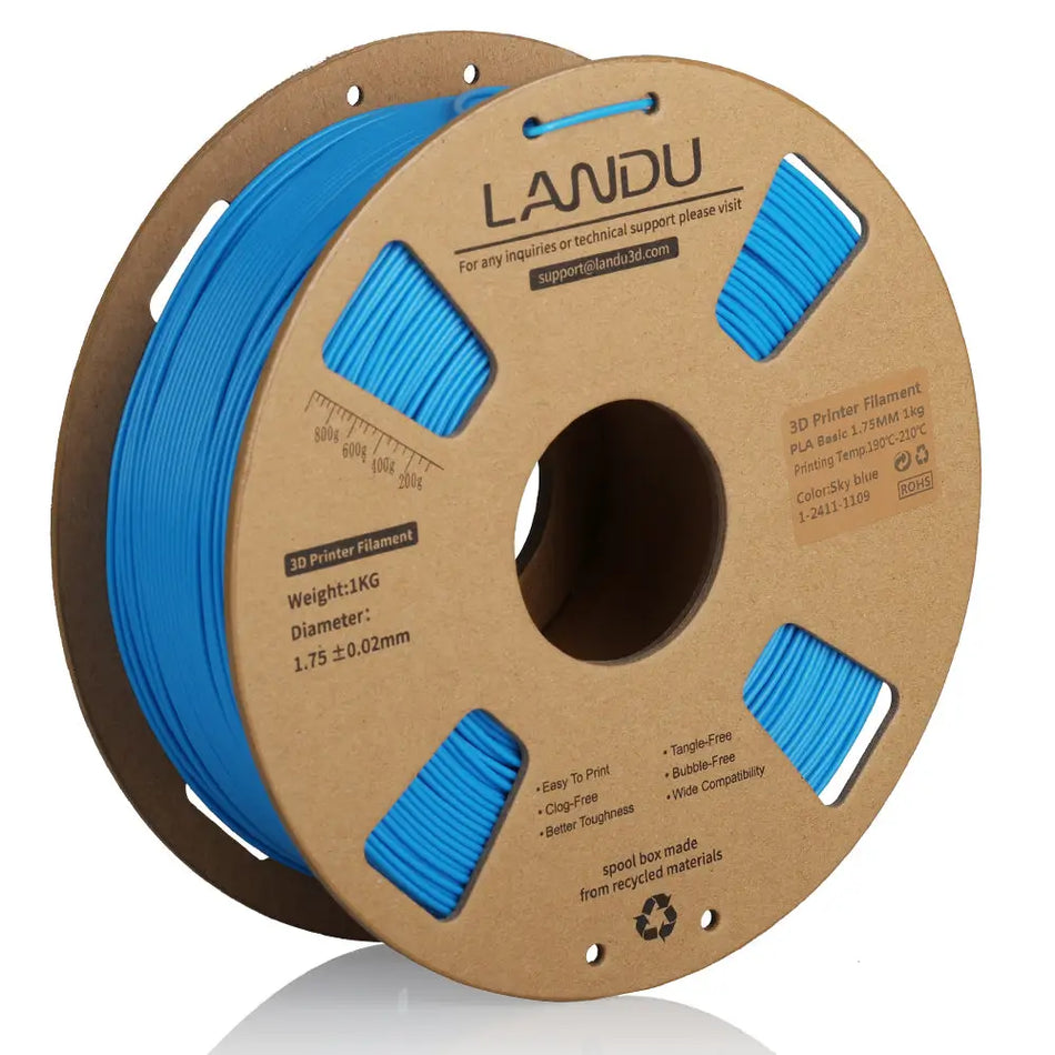 LANDU Sky Blue PLA Basic 3D printer filament 1kg spool designed for easy, clog-free 3D printing.