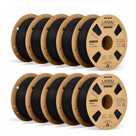 LANDU Carbon Fiber PLA 3D printer filament 10kg spool displayed with a functional printed mechanical hand.