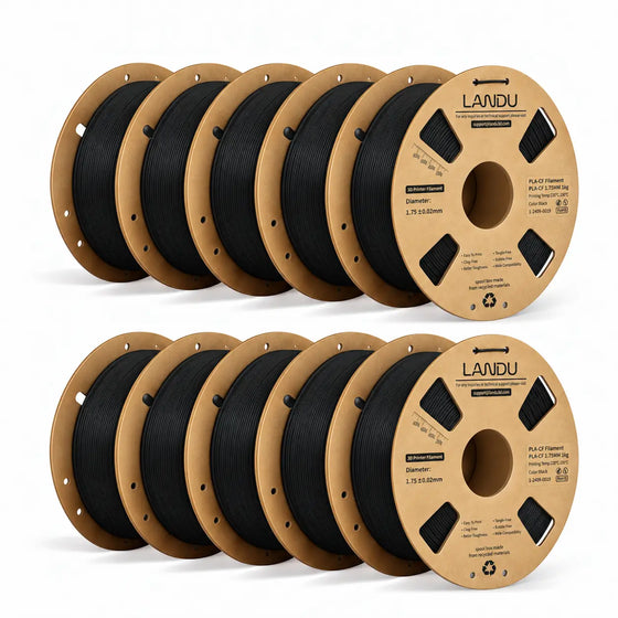 LANDU Carbon Fiber PLA 3D printer filament 10kg spool displayed with a functional printed mechanical hand.