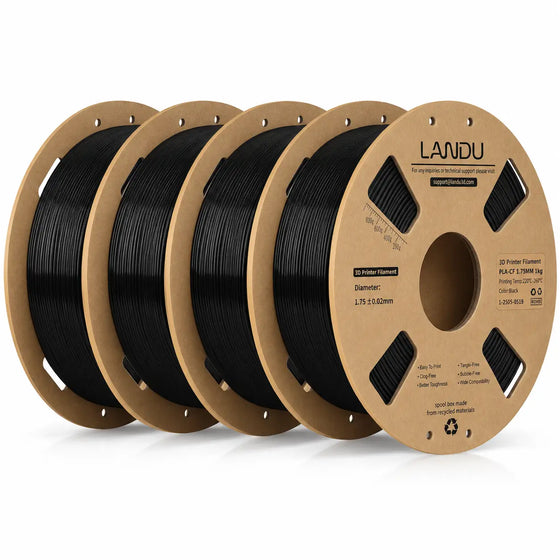 LANDU Carbon Fiber PLA 3D printer filament 4kg spool displayed with a functional printed mechanical hand.