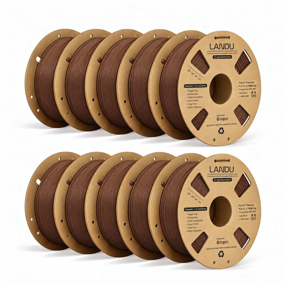 LANDU Brown Carbon Fiber PLA 3D printer filament 10kg spool alongside a functional printed mechanical hand.